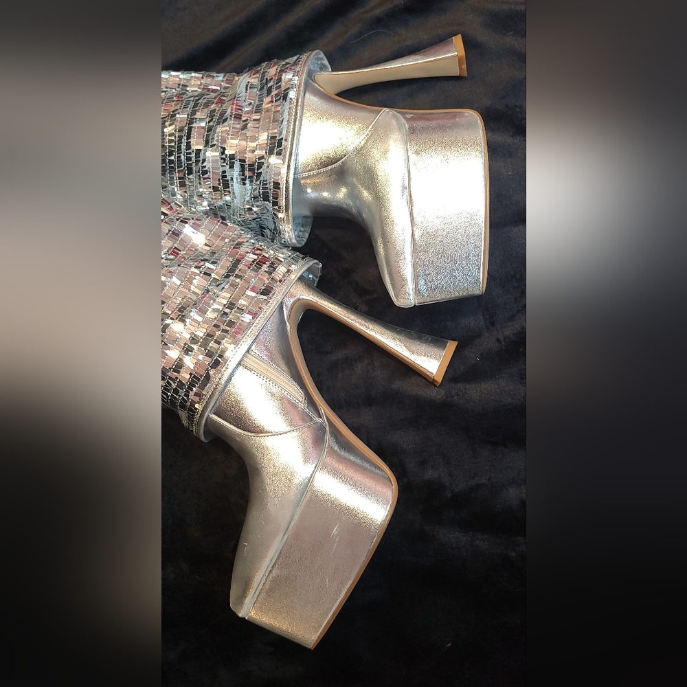 Silver Sequin Platform Mule Boots - Women's High Heel - Picture 10 of 15